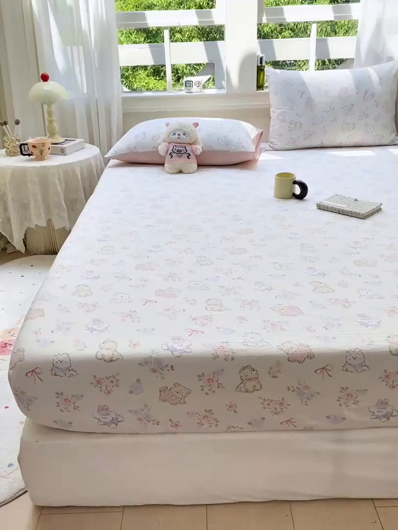 91家纺网 家纺一手货源 找家纺 朵朵家纺 2025新款超柔印花单床笠单品学生宿舍床垫保护套 床笠（床垫保护套可定制尺寸 ） 花眠咪咪
