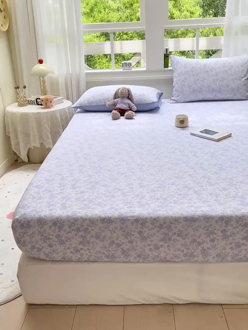 91家纺网 家纺一手货源 找家纺 朵朵家纺 2025新款超柔印花单床笠单品学生宿舍床垫保护套 床笠（床垫保护套可定制尺寸 ） 蓝色花园