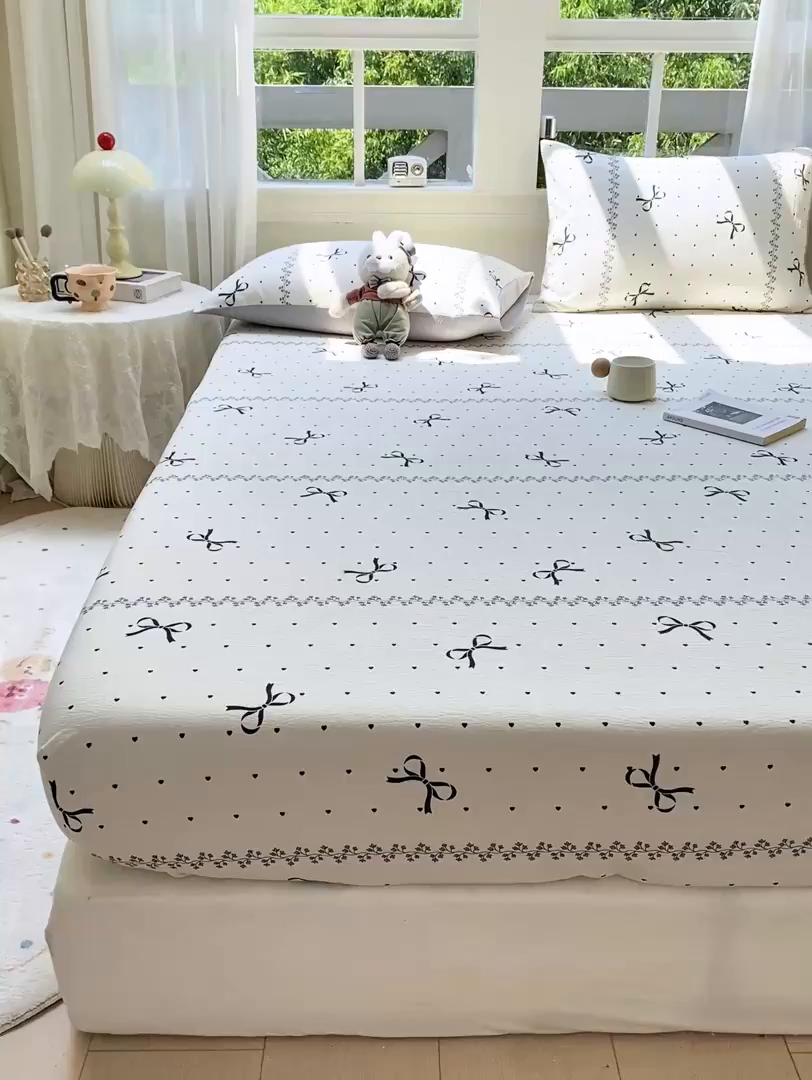 91家纺网 家纺一手货源 找家纺 朵朵家纺 2025新款超柔印花单床笠单品学生宿舍床垫保护套 床笠（床垫保护套可定制尺寸 ） 法式蝴蝶结