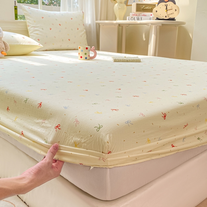 91家纺网 家纺一手货源 找家纺 朵朵家纺 2025新款超柔印花单床笠单品学生宿舍床垫保护套 床笠（床垫保护套可定制尺寸 ） 奶油蝴蝶结