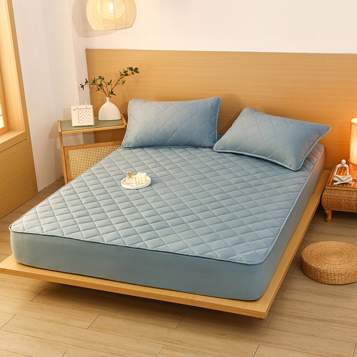 91家纺网 家纺一手货源 找家纺 小禹仔家纺 2025新款亲肤夹棉床笠 蓝色