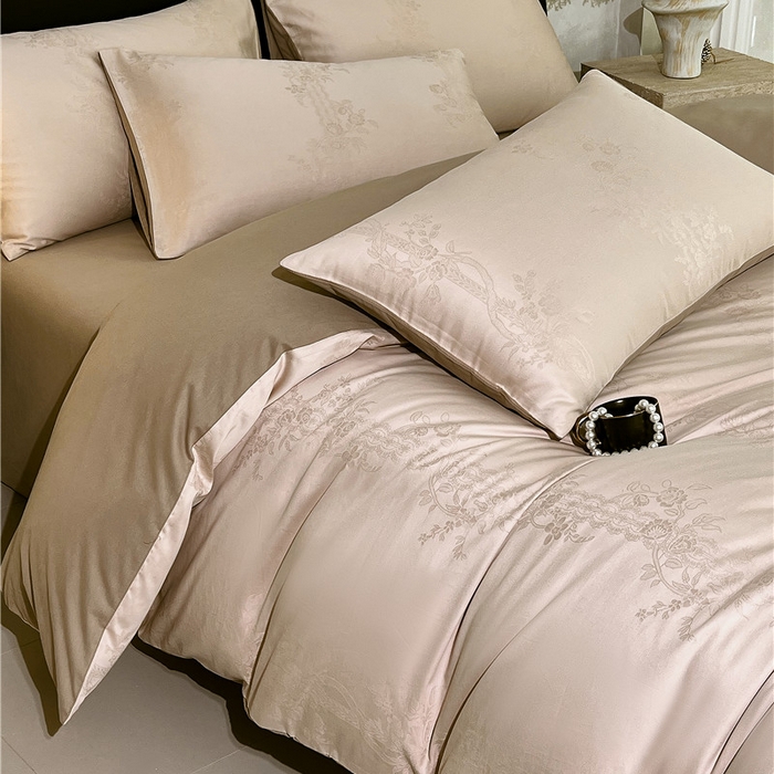 91家纺网 家纺一手货源 找家纺 琪格格纺织 2025新款50S贡缎大提花加厚全棉磨毛四件套 一蔓千花-羽棕