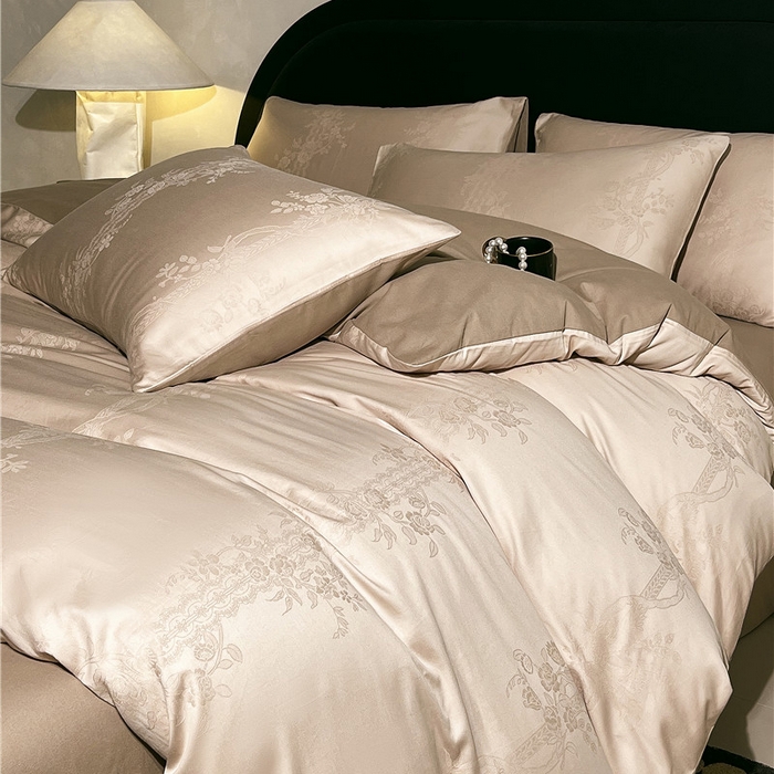 91家纺网 家纺一手货源 找家纺 琪格格纺织 2025新款50S贡缎大提花加厚全棉磨毛四件套 一蔓千花-羽棕