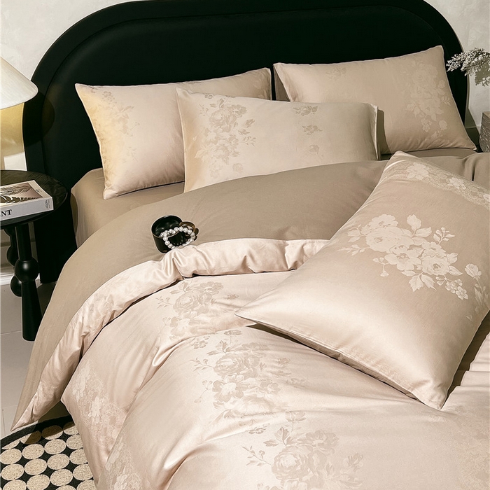 91家纺网 家纺一手货源 找家纺 琪格格纺织 2025新款50S贡缎大提花加厚全棉磨毛四件套 如梦花涧-雨棕