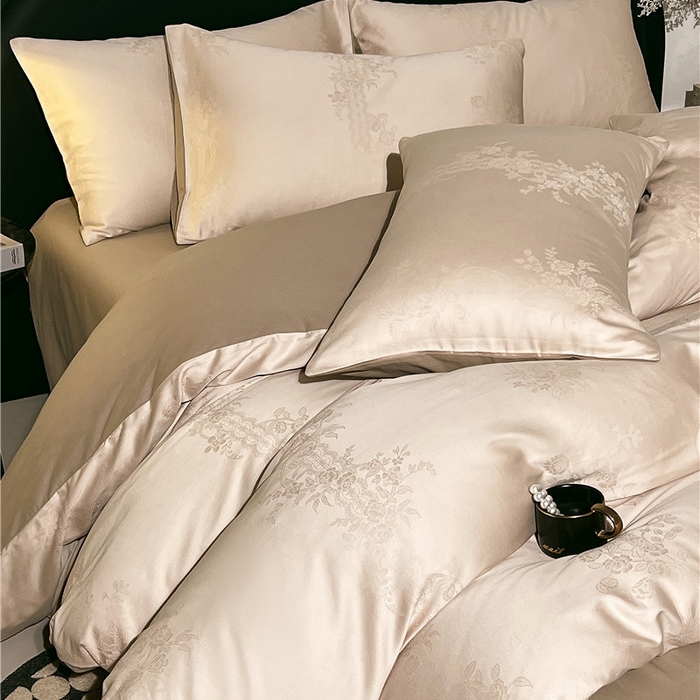 91家纺网 家纺一手货源 找家纺 琪格格纺织 2025新款50S贡缎大提花加厚全棉磨毛四件套 一蔓千花-羽棕