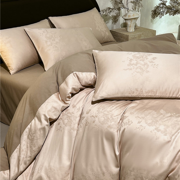 91家纺网 家纺一手货源 找家纺 琪格格纺织 2025新款50S贡缎大提花加厚全棉磨毛四件套 如梦花涧-雨棕