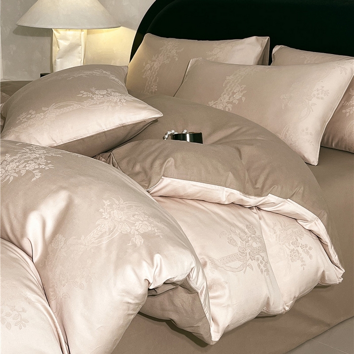 91家纺网 家纺一手货源 找家纺 琪格格纺织 2025新款50S贡缎大提花加厚全棉磨毛四件套 一蔓千花-羽棕