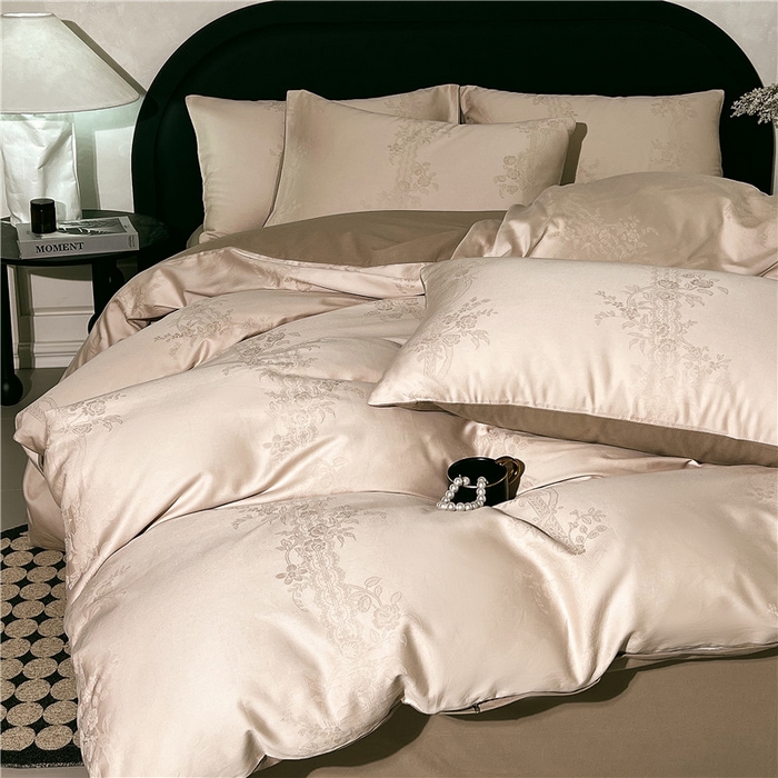 91家纺网 家纺一手货源 找家纺 琪格格纺织 2025新款50S贡缎大提花加厚全棉磨毛四件套 一蔓千花-羽棕