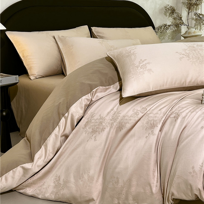 91家纺网 家纺一手货源 找家纺 琪格格纺织 2025新款50S贡缎大提花加厚全棉磨毛四件套 一蔓千花-羽棕