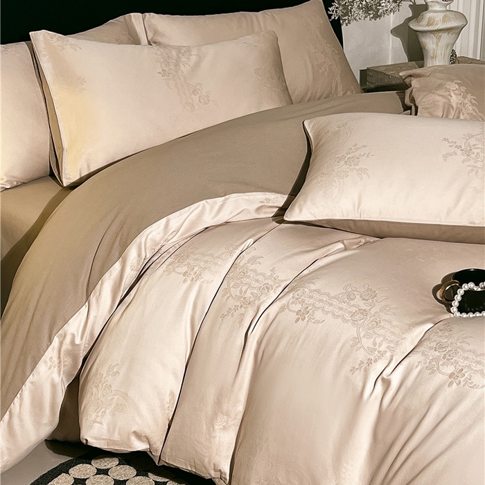 91家纺网 家纺一手货源 找家纺 琪格格纺织 2025新款50S贡缎大提花加厚全棉磨毛四件套 一蔓千花-羽棕