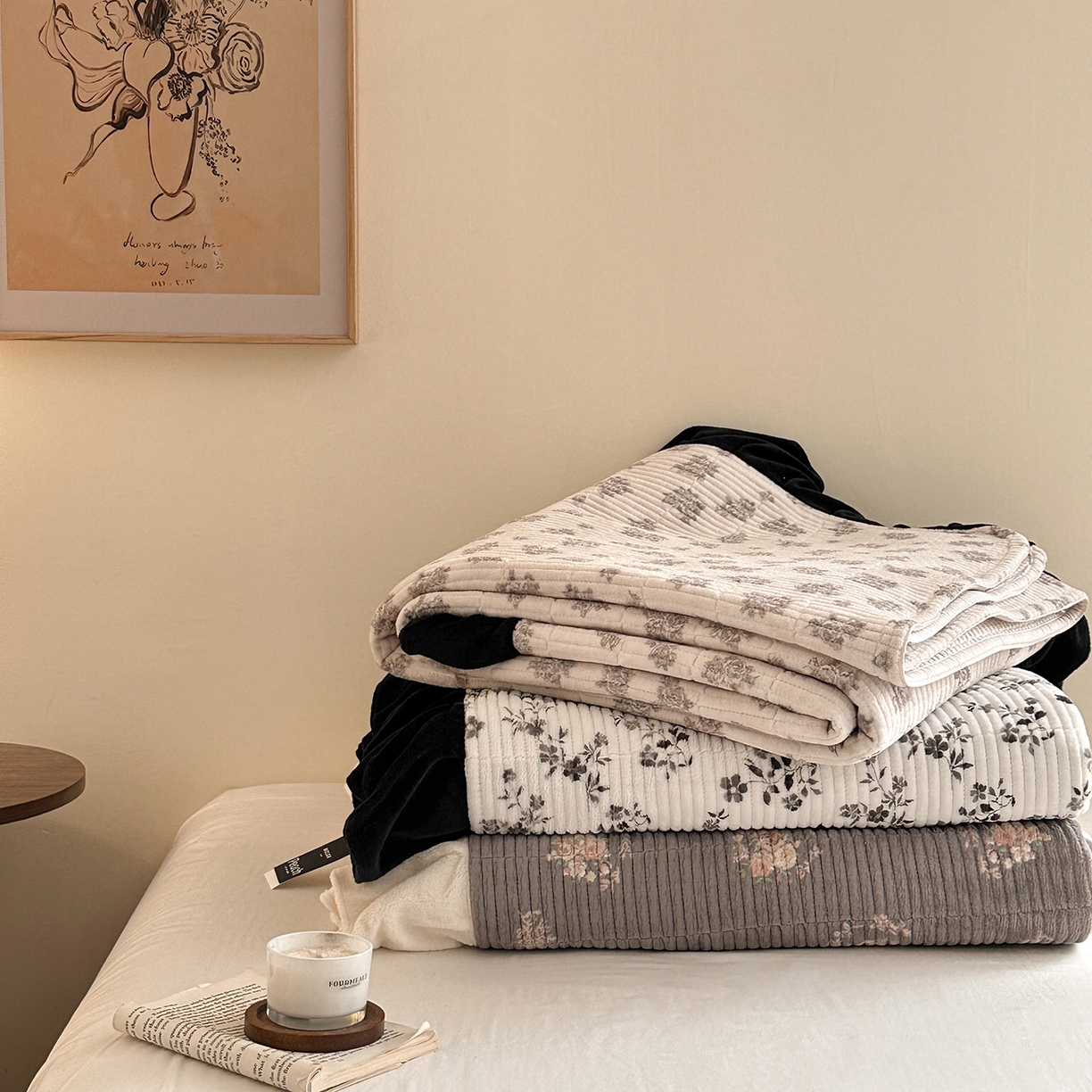 91家纺网 家纺一手货源 找家纺 （总）桃心家居 2025新款韩版花边法式花卉碎花加厚牛奶绒多功能床盖单件单床盖床盖三件套单品