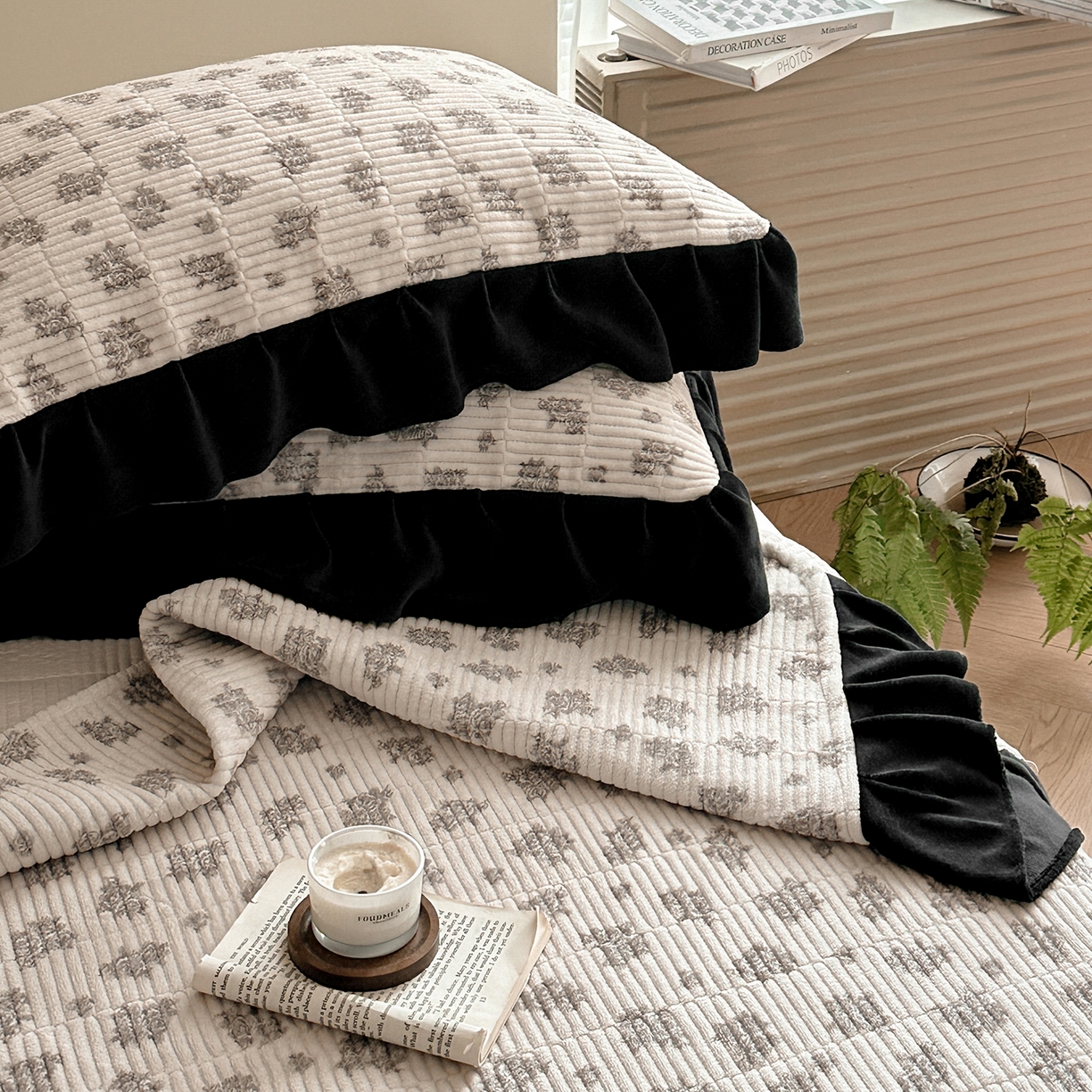 91家纺网 家纺一手货源 找家纺 桃心家居 2025新款韩版花边法式花卉碎花加厚牛奶绒多功能床盖单件单床盖床盖三件套单品 绒床盖-花边清香