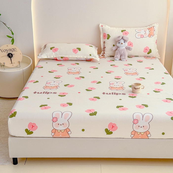 91家纺网 家纺一手货源 找家纺 梦舒阳 2025新款磨毛植物羊绒单床笠三件套单品床笠 粉玉金兔