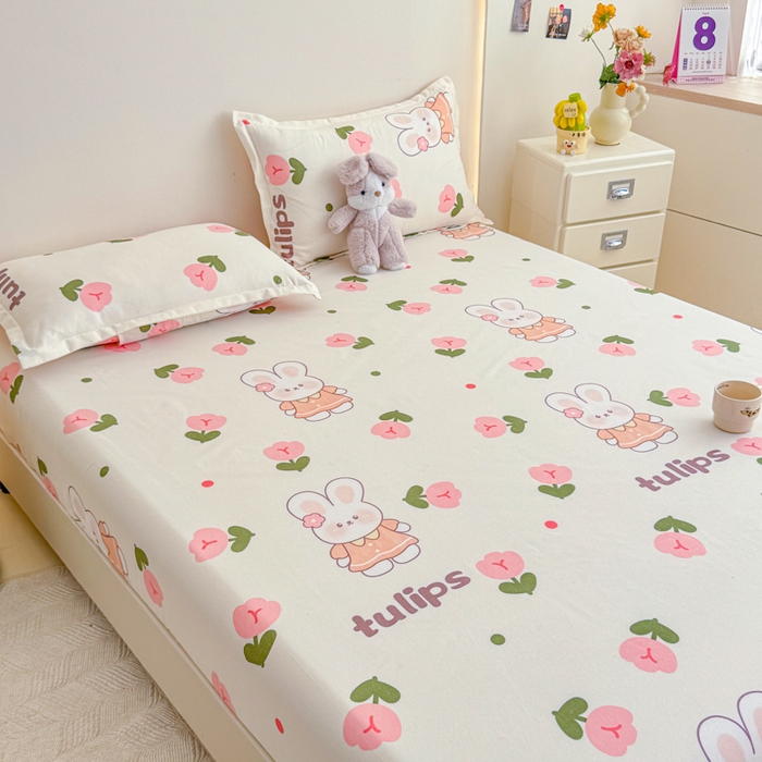 91家纺网 家纺一手货源 找家纺 梦舒阳 2025新款磨毛植物羊绒单床笠三件套单品床笠 粉玉金兔