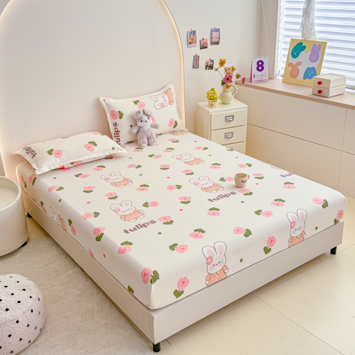 91家纺网 家纺一手货源 找家纺 梦舒阳 2025新款磨毛植物羊绒单床笠三件套单品床笠 粉玉金兔