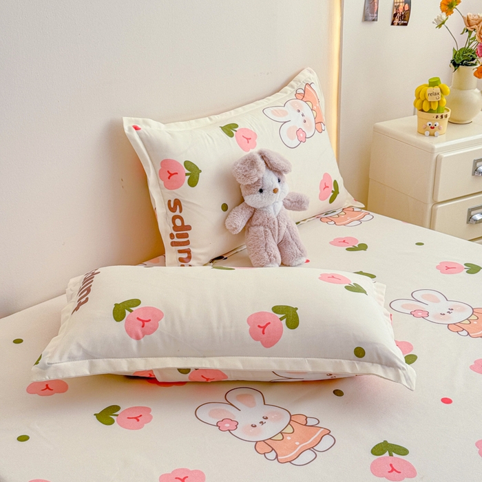 91家纺网 家纺一手货源 找家纺 梦舒阳 2025新款磨毛植物羊绒单床笠三件套单品床笠 粉玉金兔