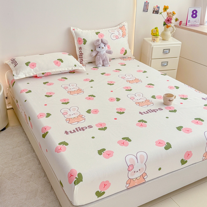 91家纺网 家纺一手货源 找家纺 梦舒阳 2025新款磨毛植物羊绒单床笠三件套单品床笠 粉玉金兔