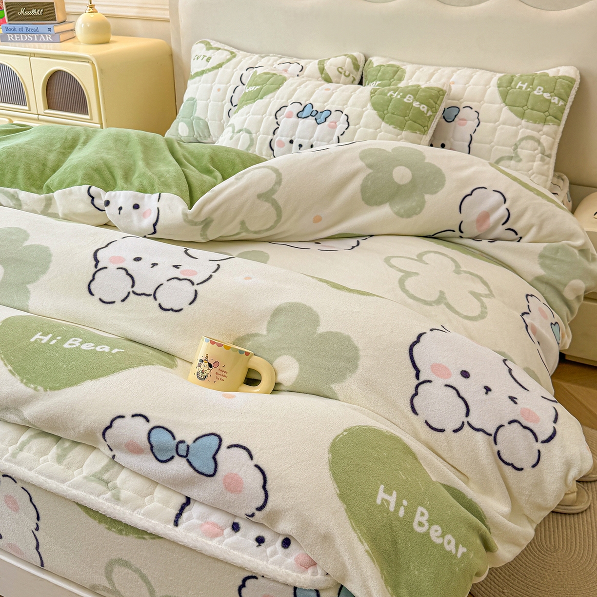 LIFE.丽芙 2025秋冬新款A类牛奶绒加厚夹棉床笠+被套组合四件套 爱心小宠-绿