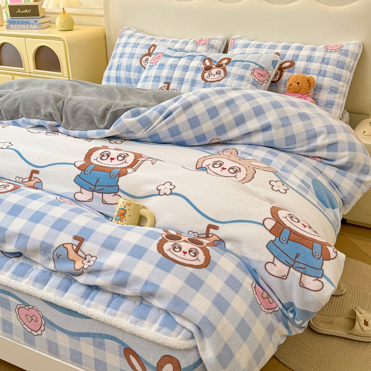 LIFE.丽芙 2025秋冬新款A类牛奶绒加厚夹棉床笠+被套组合四件套 布布乐园