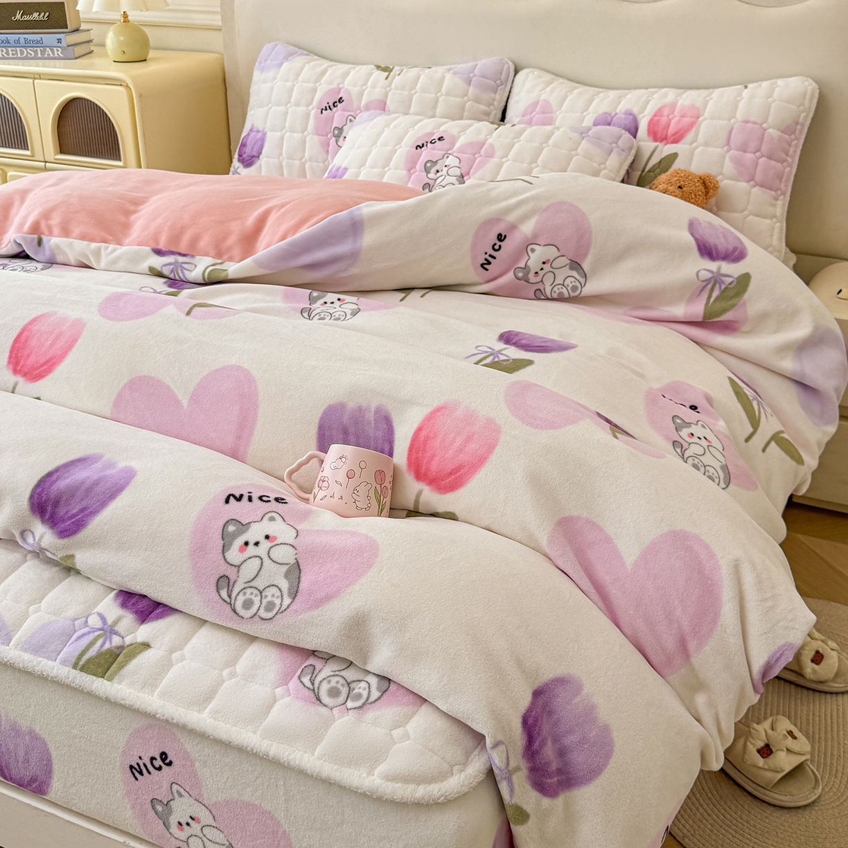 LIFE.丽芙 2025秋冬新款A类牛奶绒加厚夹棉床笠+被套组合四件套 花语