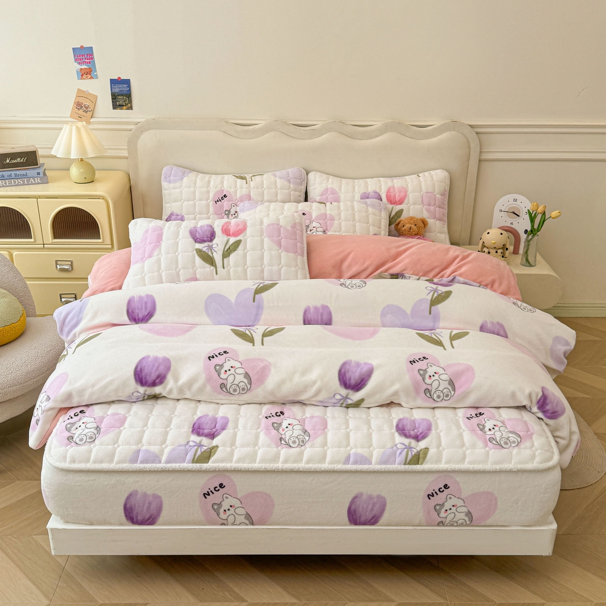 91家纺网 家纺一手货源 找家纺 LIFE.丽芙 2025秋冬新款A类牛奶绒加厚夹棉床笠+被套组合四件套 花语