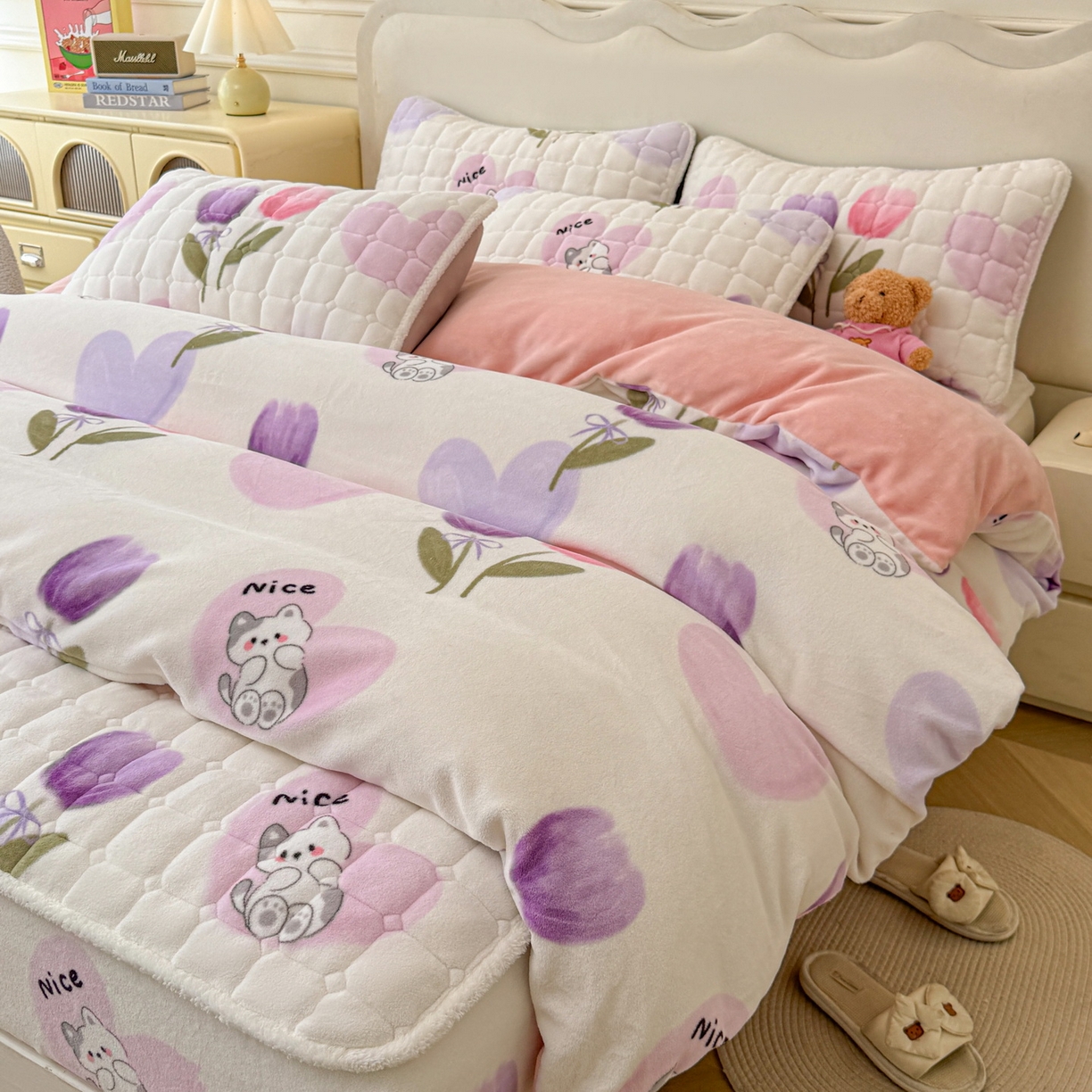 91家纺网 家纺一手货源 找家纺 LIFE.丽芙 2025秋冬新款A类牛奶绒加厚夹棉床笠+被套组合四件套 花语