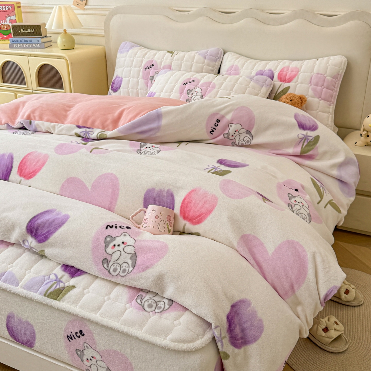 91家纺网 家纺一手货源 找家纺 LIFE.丽芙 2025秋冬新款A类牛奶绒加厚夹棉床笠+被套组合四件套 花语