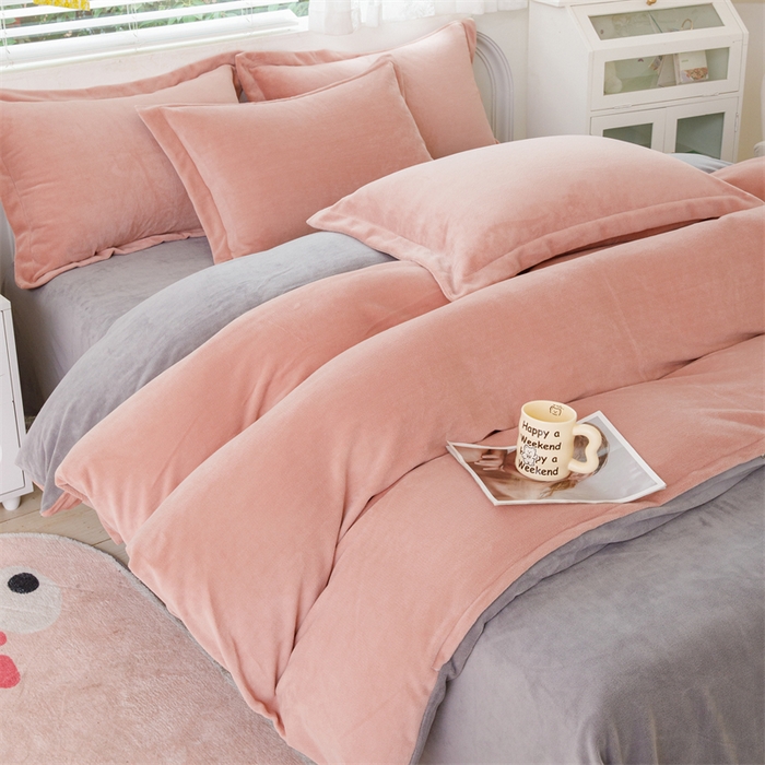 锦罗绣 2025新款牛奶绒肌理纹四件套 粉拼灰