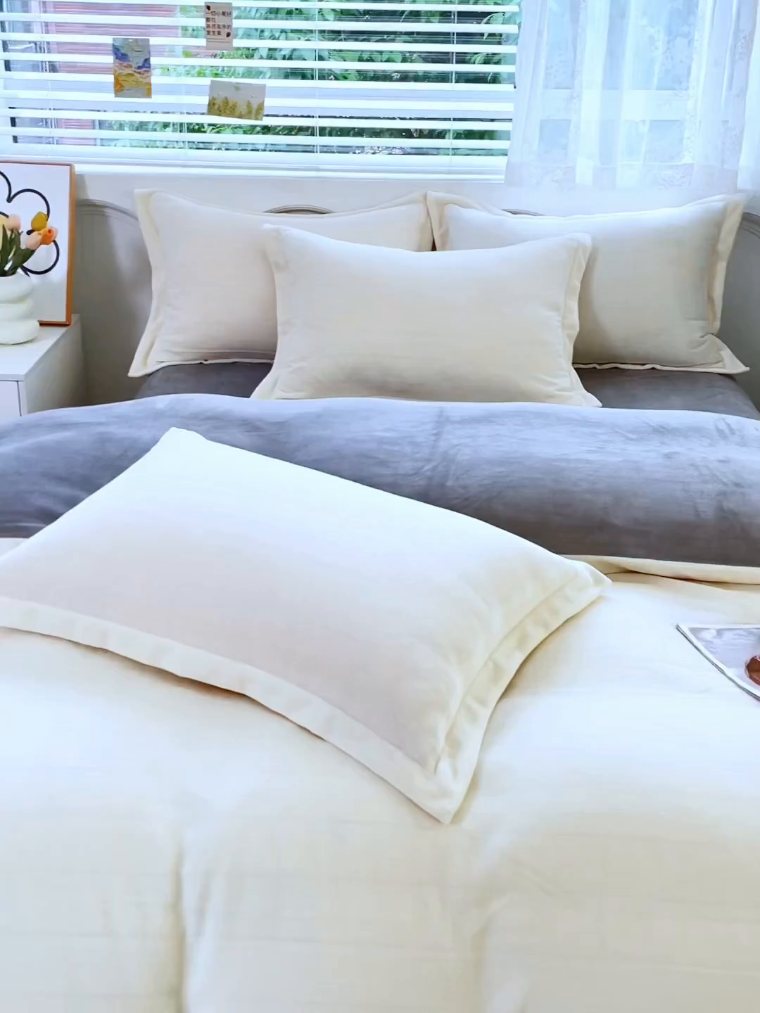 91家纺网 家纺一手货源 找家纺 锦罗绣 2025新款牛奶绒肌理纹四件套 米白拼灰