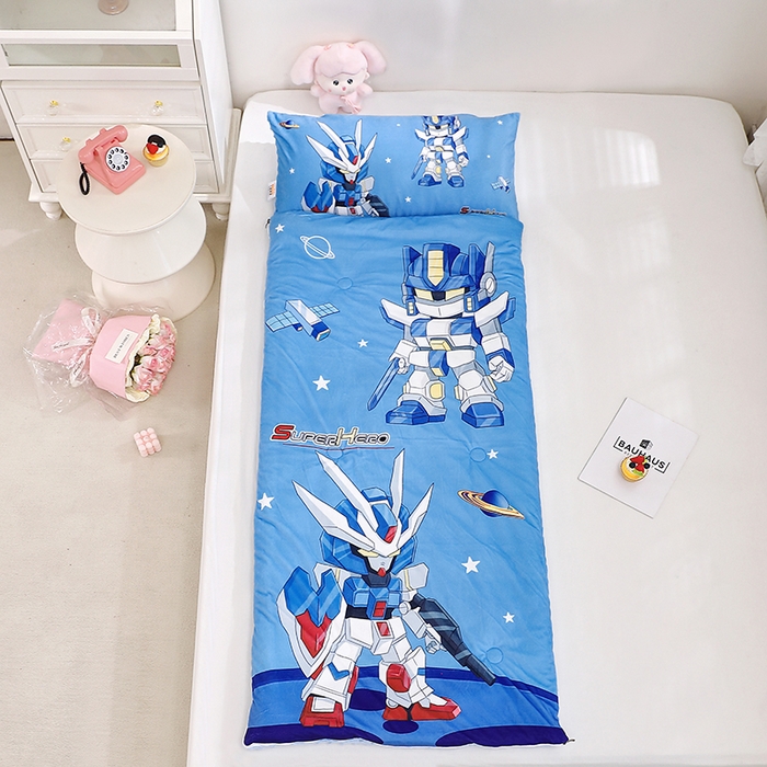 91家纺网 家纺一手货源 找家纺 八零年代 2025新款秋冬加厚豆豆绒儿童一体睡袋宝宝绒防踢被 机甲兄弟