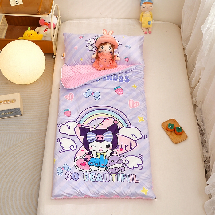 91家纺网 家纺一手货源 找家纺 八零年代 2025新款秋冬加厚豆豆绒儿童一体睡袋宝宝绒防踢被 彩虹库米