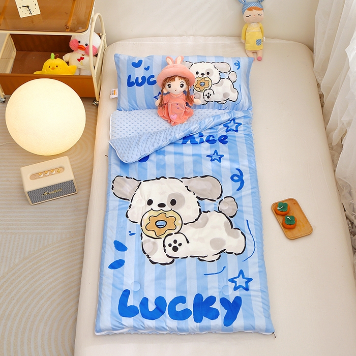 91家纺网 家纺一手货源 找家纺 八零年代 2025新款秋冬加厚豆豆绒儿童一体睡袋宝宝绒防踢被 饼干小狗