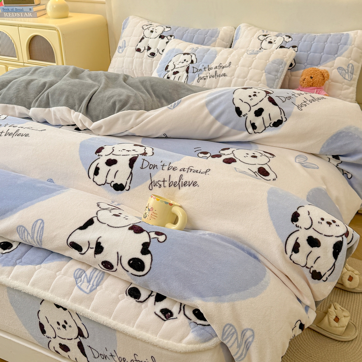 LIFE.丽芙 2025秋冬新款A类牛奶绒加厚夹棉床笠+被套组合四件套 幸运狗