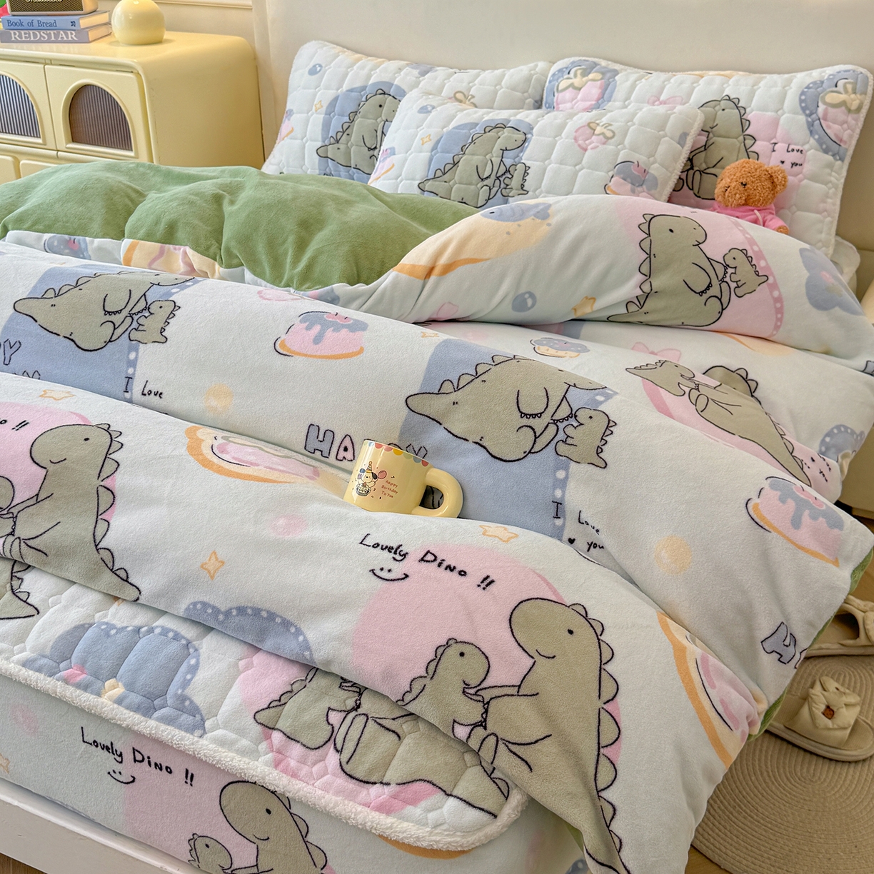 LIFE.丽芙 2025秋冬新款A类牛奶绒加厚夹棉床笠+被套组合四件套 恐龙宝宝
