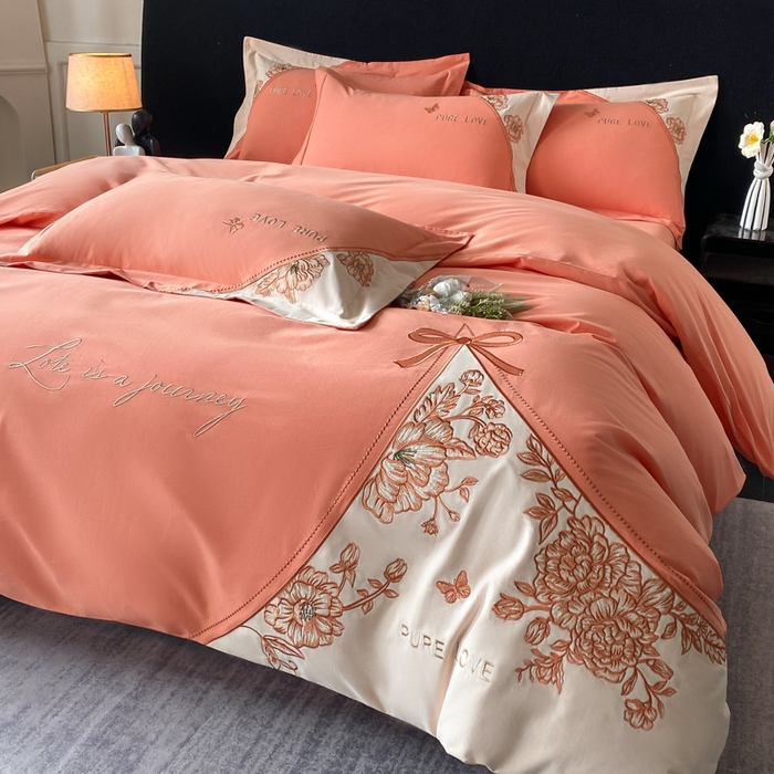 桃园 新款纯棉全棉长绒棉磨毛不掉毛四件套高端礼盒-罗德岛系列 爱玛橙