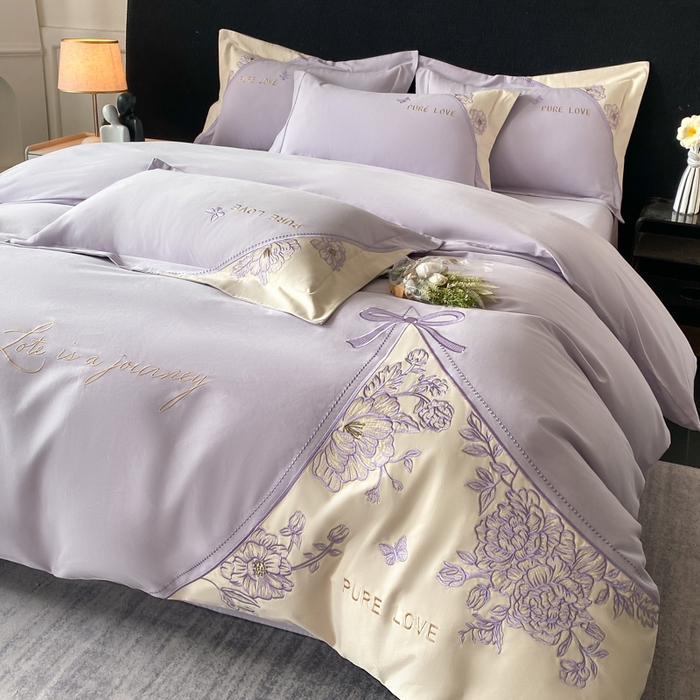 91家纺网 家纺一手货源 找家纺 桃园 新款纯棉全棉长绒棉磨毛不掉毛四件套高端礼盒-罗德岛系列 香芋紫