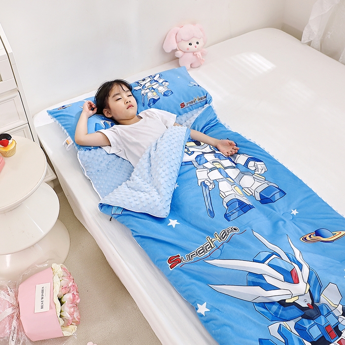 91家纺网 家纺一手货源 找家纺 八零年代 2025新款秋冬加厚豆豆绒儿童一体睡袋宝宝绒防踢被 机甲兄弟