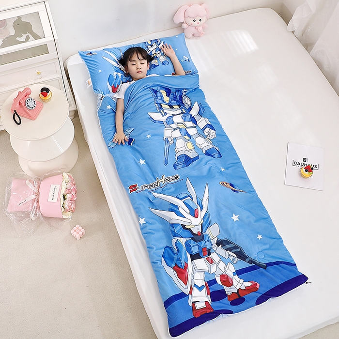 91家纺网 家纺一手货源 找家纺 八零年代 2025新款秋冬加厚豆豆绒儿童一体睡袋宝宝绒防踢被 机甲兄弟