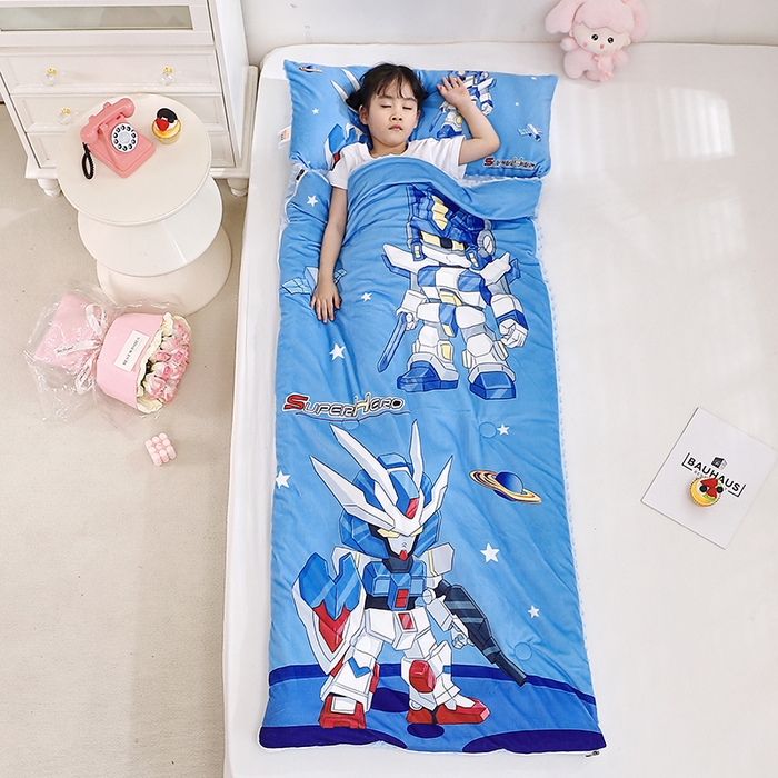 91家纺网 家纺一手货源 找家纺 八零年代 2025新款秋冬加厚豆豆绒儿童一体睡袋宝宝绒防踢被 机甲兄弟