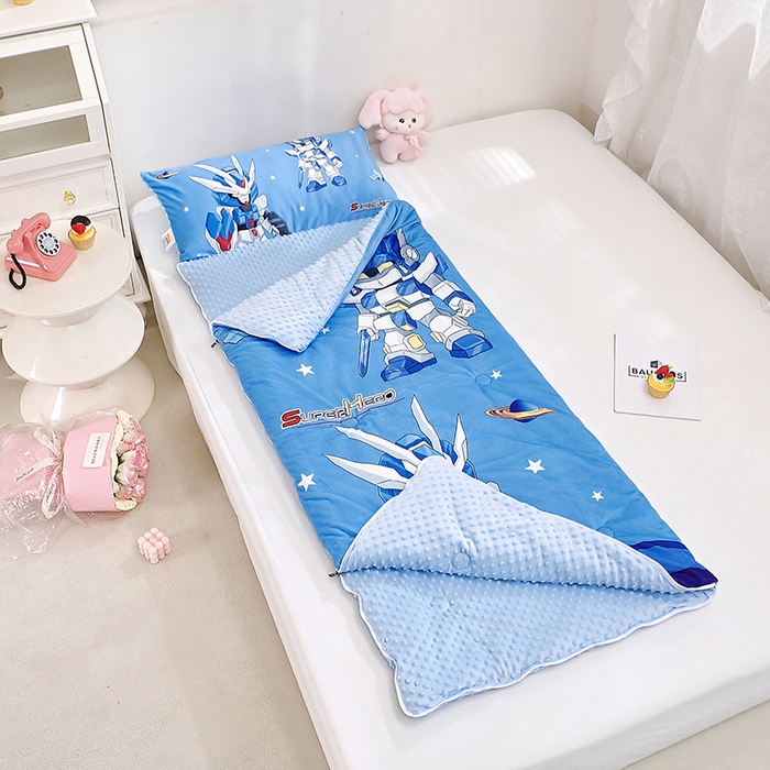 91家纺网 家纺一手货源 找家纺 八零年代 2025新款秋冬加厚豆豆绒儿童一体睡袋宝宝绒防踢被 机甲兄弟