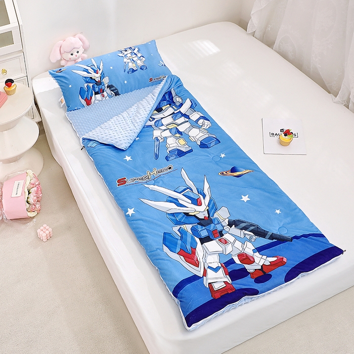 91家纺网 家纺一手货源 找家纺 八零年代 2025新款秋冬加厚豆豆绒儿童一体睡袋宝宝绒防踢被 机甲兄弟