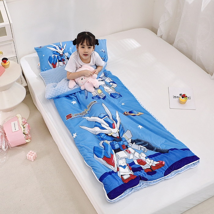 91家纺网 家纺一手货源 找家纺 八零年代 2025新款秋冬加厚豆豆绒儿童一体睡袋宝宝绒防踢被 机甲兄弟