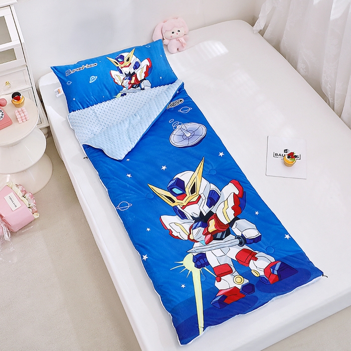 91家纺网 家纺一手货源 找家纺 八零年代 2025新款秋冬加厚豆豆绒儿童一体睡袋宝宝绒防踢被 机甲战士