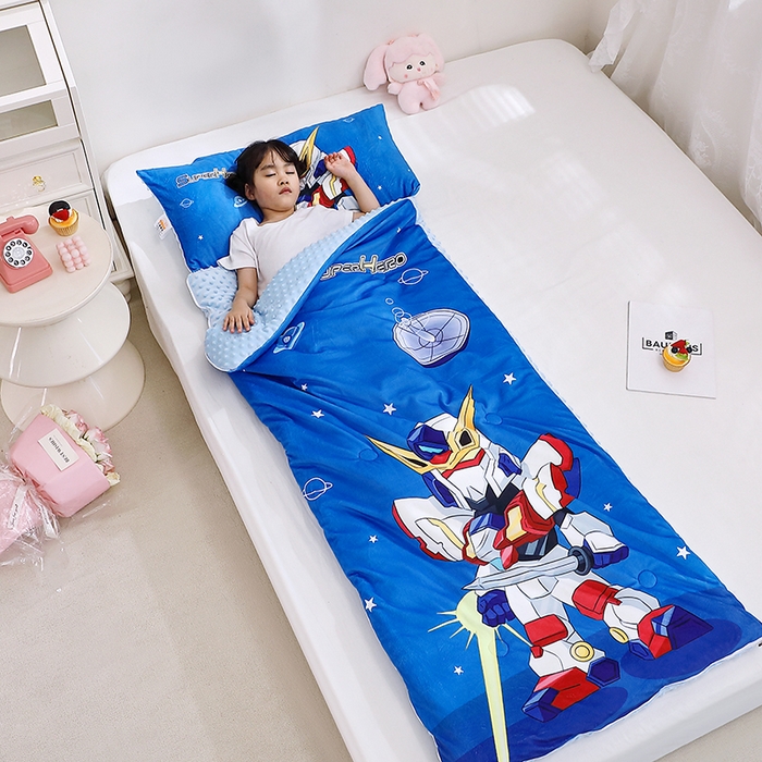 91家纺网 家纺一手货源 找家纺 八零年代 2025新款秋冬加厚豆豆绒儿童一体睡袋宝宝绒防踢被 机甲战士