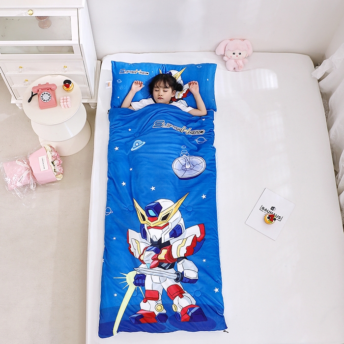 91家纺网 家纺一手货源 找家纺 八零年代 2025新款秋冬加厚豆豆绒儿童一体睡袋宝宝绒防踢被 机甲战士