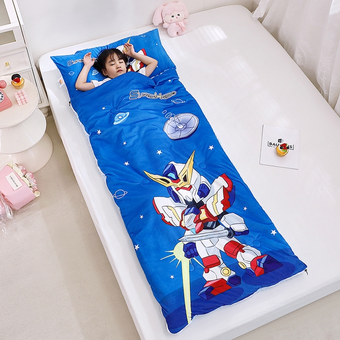 91家纺网 家纺一手货源 找家纺 八零年代 2025新款秋冬加厚豆豆绒儿童一体睡袋宝宝绒防踢被 机甲战士