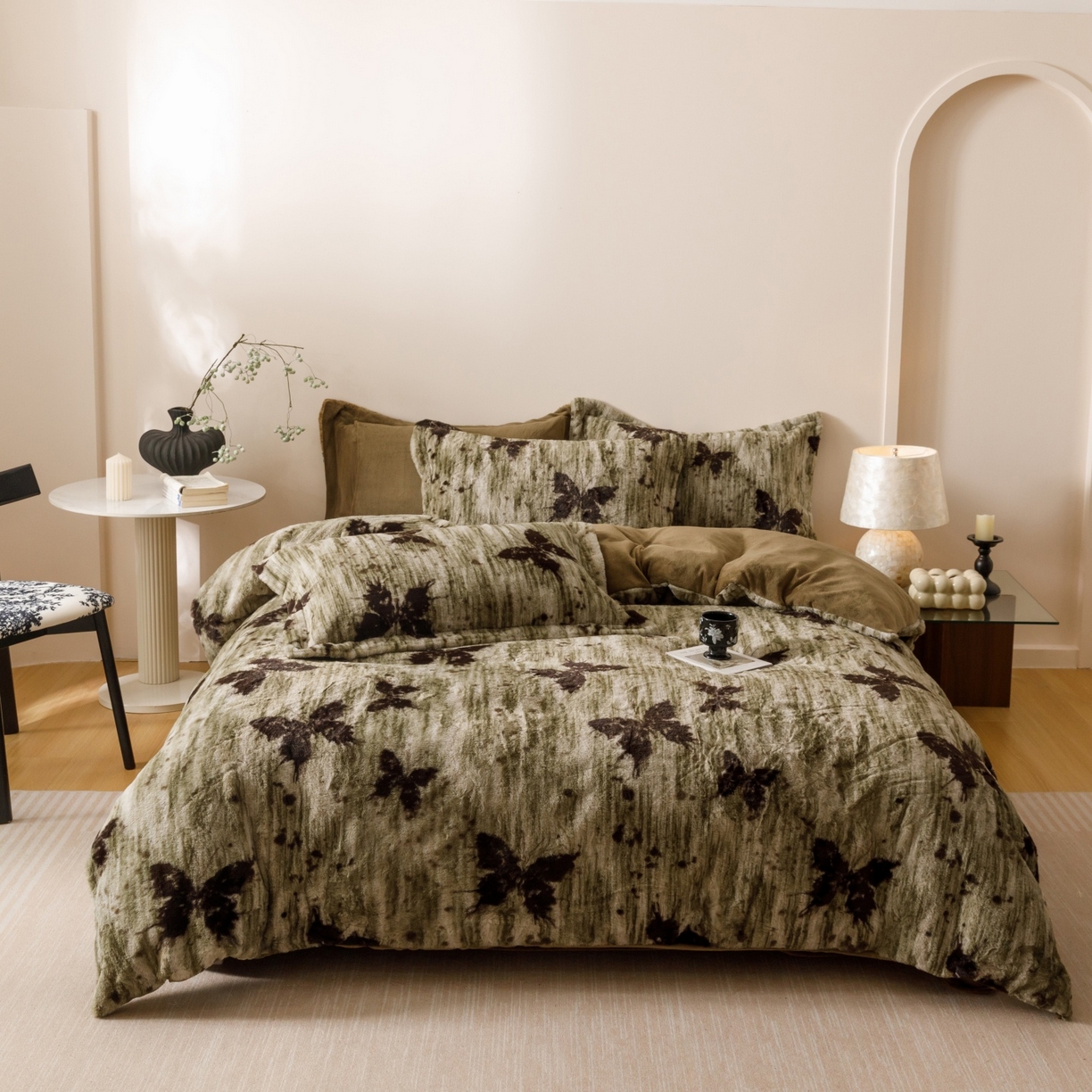 艾莱家纺 2025新款A类美拉德系兔绒超柔保暖四件套 蝶舞-绿