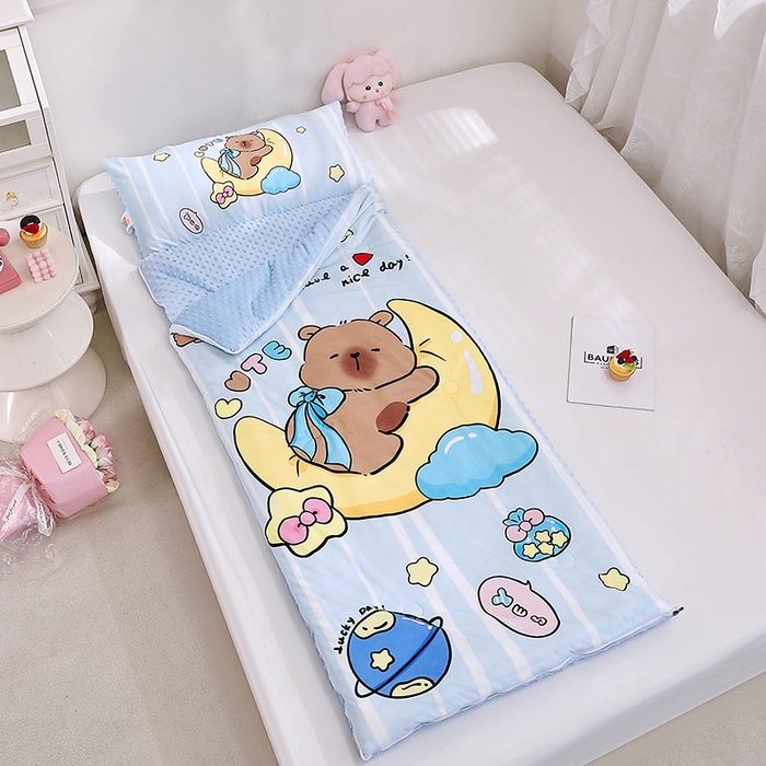 91家纺网 家纺一手货源 找家纺 八零年代 2025新款秋冬加厚豆豆绒儿童一体睡袋宝宝绒防踢被 月亮卡皮