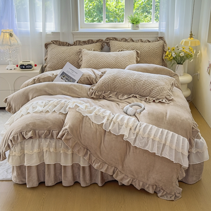 91家纺网 家纺一手货源 找家纺 家之硕家纺 2025冬款高克重牛奶绒床裙四件套--暖阳系列 暖阳系列--咖色