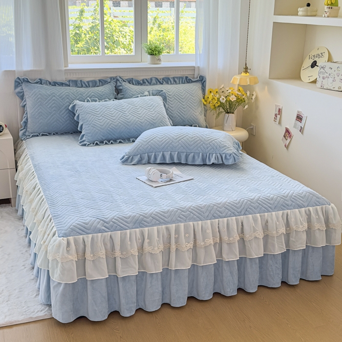 家之硕家纺 2025冬款高克重牛奶绒床裙四件套--暖阳系列 暖阳系列--蓝